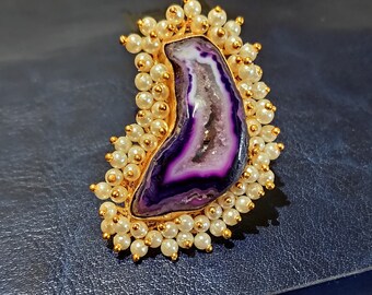 Purple Agate Fashion Ring Pearl halo Fringe adjustable jewelry, statement one-of-a-kind quirky unique ring, raw druzy agate gold plated gift