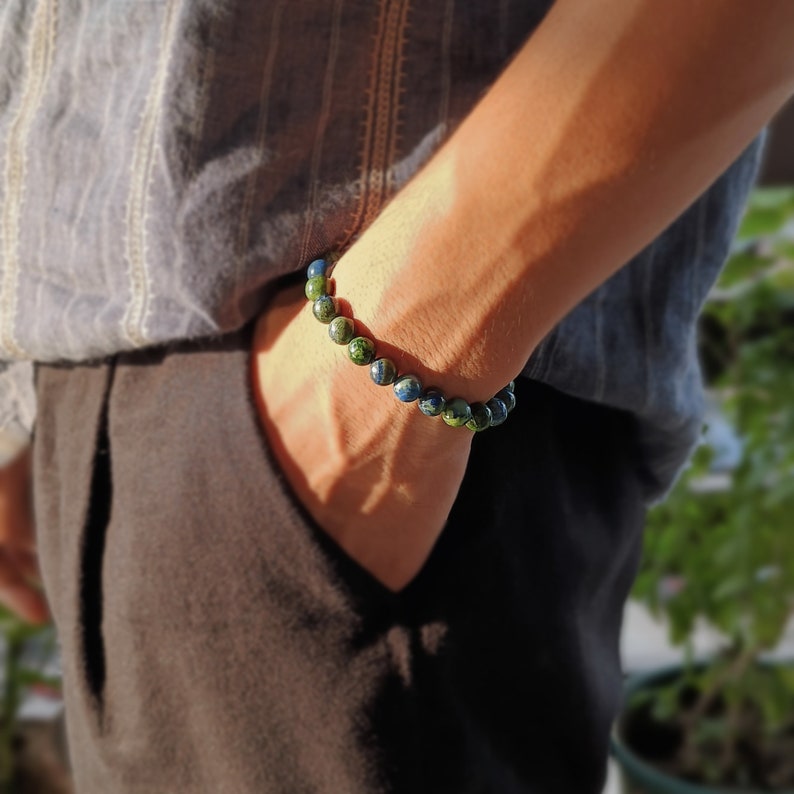 Azurite Malachite elastic bead bracelet, handmade & adjustable, natural Azurite beads, trendy style wrist wear, gift for him, unisex jewelry image 1