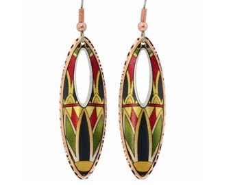 May include: A pair of oval-shaped earrings with a geometric design. The earrings are made of copper and have a black, green, red, and gold pattern. The earrings have a silver hook.