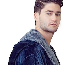 Men's Plush Fleece Bathrobe – Navy with Gray Trim, Personalized Robe