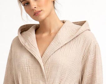 Gauze Cotton Hooded Bathrobe, 4 Layer Muslin, Unisex Long Robe