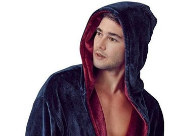 Luxury Men's Fleece Bathrobe – Navy with Burgundy Trim, Personalized Monogram