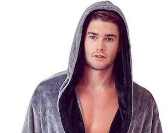 Luxury Men's Fleece Bathrobe – Gray with Black Trim, Hooded Robe