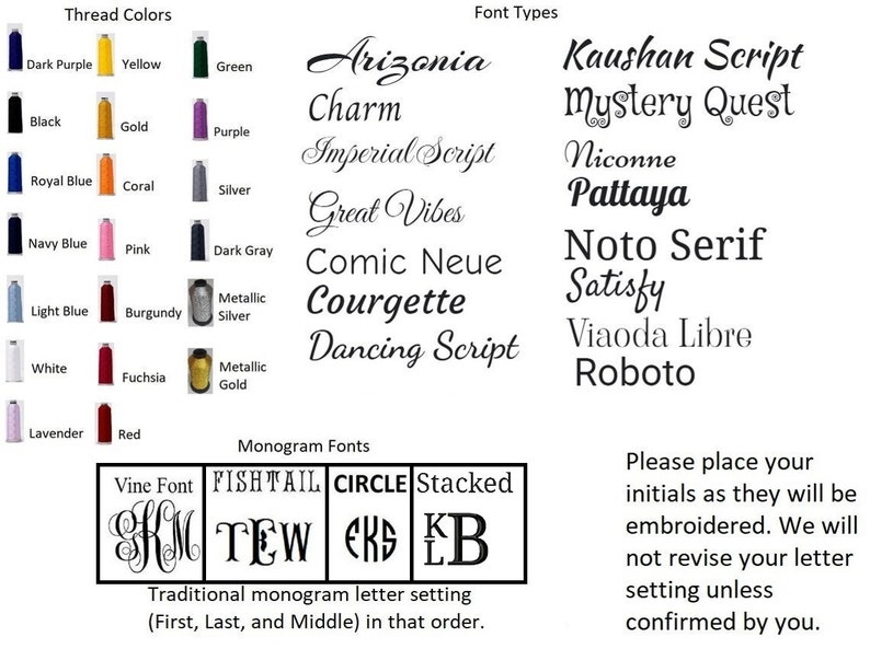 May include: A chart showing thread colors, font types, and monogram font styles. The thread colors include dark purple, yellow, green, black, gold, purple, royal blue, coral, silver, navy blue, pink, dark gray, light blue, burgundy, metallic silver, white, fuchsia, metallic gold, lavender, and red. The font types include Arizona, Charm, Imperial Script, Great Vibes, Comic Neue, Courgette, Dancing Script, Kaushan Script, Mystery Quest, Niconne, Pattaya, Noto Serif, Satisfy, Viaoda Libre, and Roboto. The monogram font styles include Vine Font, Fishtail, Circle, and Stacked. The text below the monogram font styles reads "Traditional monogram letter setting (First, Last, and Middle) in that order."