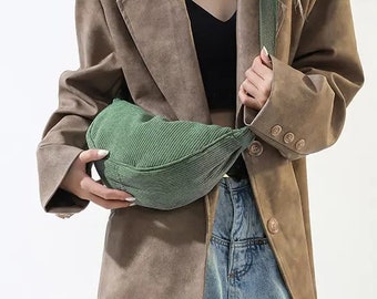 Embroidered Corduroy Baguette Bag, Kpop Inspired Shoulder Tote, College Bag
