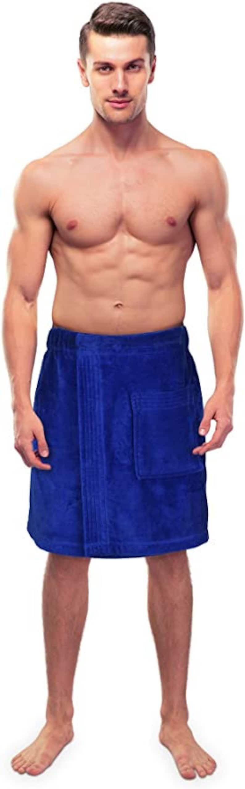 May include: A royal blue wrap-around towel with an elasticated waistband and a single patch pocket on the front. The towel features a textured fabric finish and is designed to be worn around the waist, providing coverage from the waist to the knees.