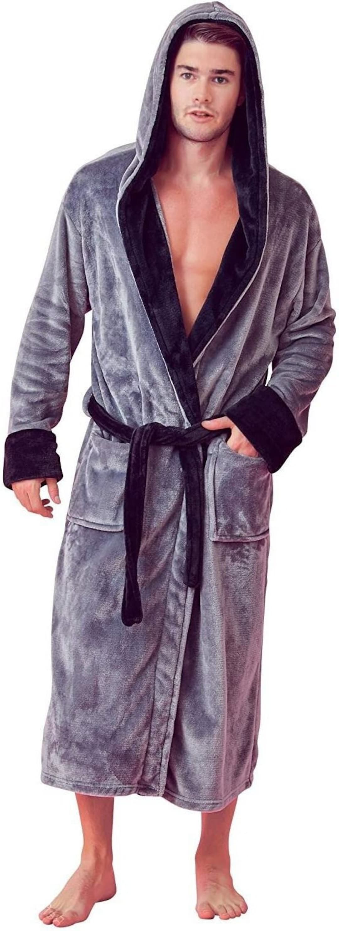 New LUXURY MEN'S BATHROBE Gifts Long Ultra Soft 6140 Gray With Black