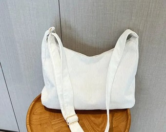 Corduroy Shoulder Tote Bag: Large Capacity, Embroidered Option