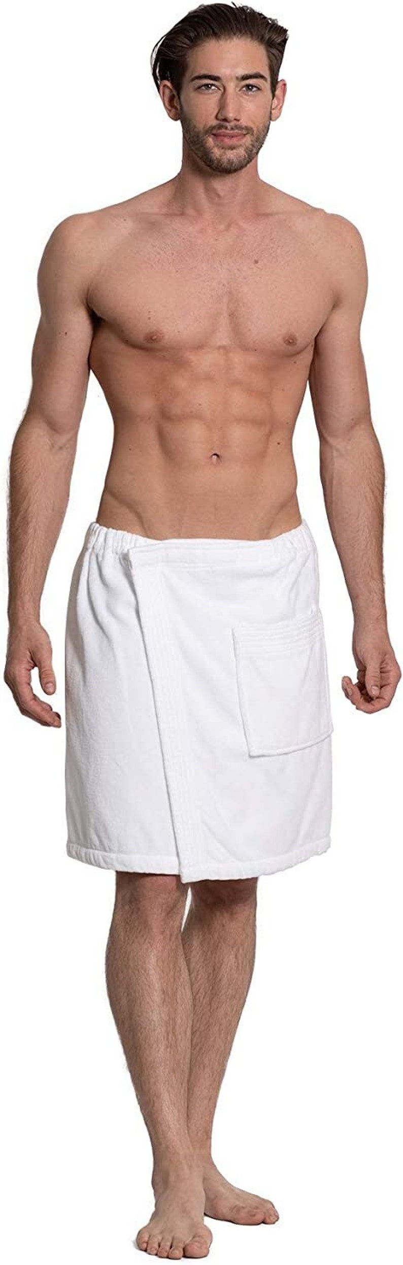 May include: A white terry towelling wrap featuring an elasticated waistband, a secure front overlap fastening, and a single patch pocket on the right side. The fabric has a textured, absorbent surface consistent with standard bath linens.