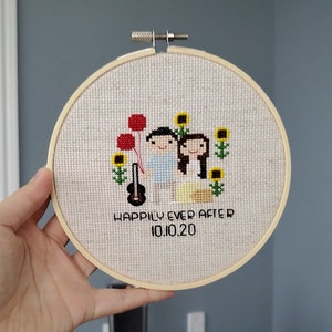 Custom Modern Cross Stitch Family Couple Portrait, Stitch People, Wedding, Cotton Anniversary, Housewarming, Wall Art, Embroidery Hoop