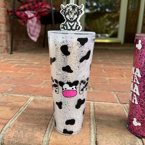24 ounce glitter acrylic cup Cow theme cow straw topper included