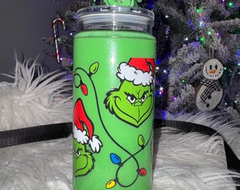 20 Unzen Acryl Grün Grinchmas Snowglobe Becher. Passender Stroh Topper inklusive. Weihnachtstasse.