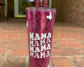 Glitter Mama-beker, 24 oz acrylbeker met strikrietje