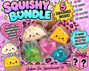 MYSTERY 5 Squishy Box, Squishleksak, Fidgetleksak, Mysteriemix, Ost, Överraskningslåda