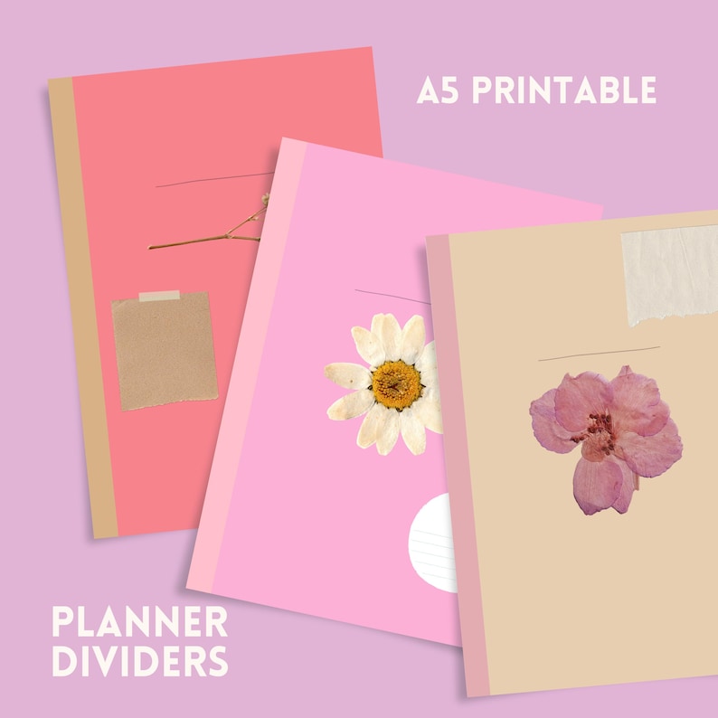 A5 Printable Planner Dividers | Pastel Dried Flower Journal Inserts ...