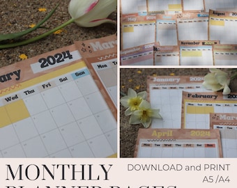 Monthly Planner 2024. 12 Printable Pages Journal inserts Calendar 2024 Planner inserts A4 A5 format  Retro colorful design.