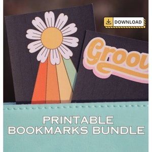 May include: Printable bookmark bundle featuring two designs: a daisy with a rainbow and the word "Groovy" in a retro font. The bookmarks are on a blue background with the text "Printable Bookmarks Bundle".