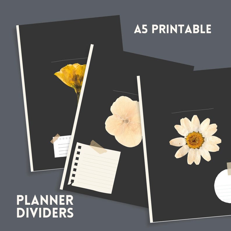 A5 Printable Planner Dividers 2026 | Black Background Dried Flower ...