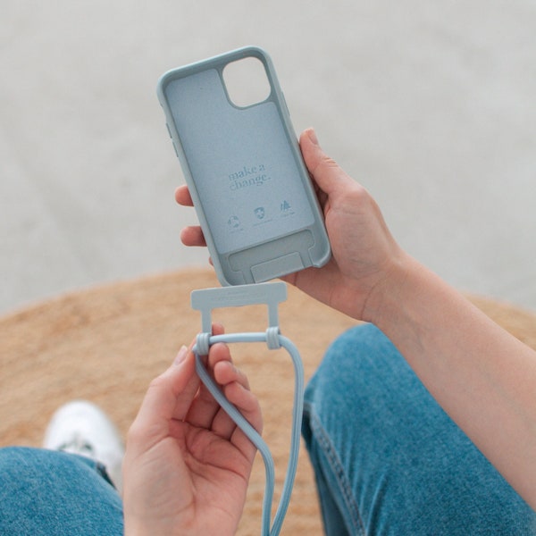 étui pour iPhone avec chaîne de téléphone portable bleu clair, cordon détachable, bandoulière interchangeable, étui à langer durable et respectueux de l'environnement avec lanière