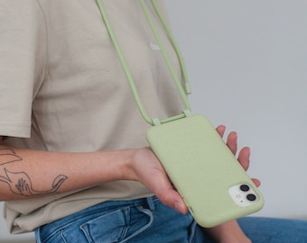 étui pour iPhone avec chaîne de téléphone portable vert clair, cordon détachable, bandoulière interchangeable, étui à langer durable et respectueux de l'environnement avec lanière