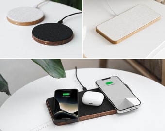 Station de charge inductive Wireless Charger en bois - avec adaptateur de charge rapide (connexion USB-C)