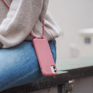 étui pour iPhone avec chaîne de téléphone portable rose, cordon détachable, bandoulière interchangeable, étui à langer durable et respectueux de l'environnement avec lanière