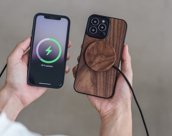 Étui iPhone durable en bois véritable et pierre - étui pare-chocs avec MagSafe, chargement sans fil, chargement inductif, végétalien