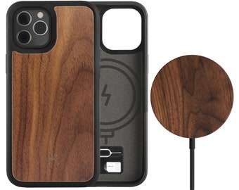 Nachhaltige iPhone Hülle aus Echtholz mit MagPad Ladegerät, MagSafe