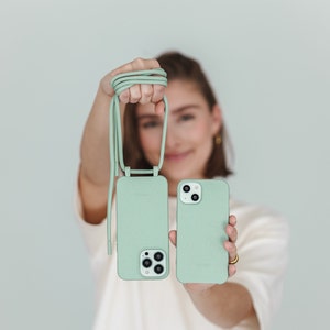 étui pour iPhone avec chaîne de téléphone portable vert menthe, cordon détachable, bandoulière interchangeable, étui à langer durable et respectueux de l'environnement avec lanière