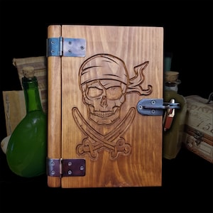Pirate Treasure Box - Wooden Book Lockbox - RPG container - Escape Room prop chest - Role playing - Personalized gift box