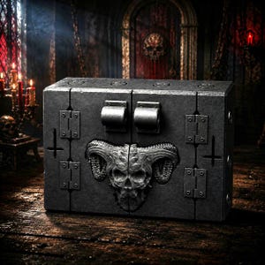 Puede incluir: Una caja de almacenamiento rectangular de color gris oscuro con un relieve central de una calavera con cuernos. La caja tiene dos puertas con bisagras, pestillos metálicos y recortes de cruces invertidas en los paneles frontales.