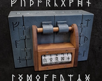 Cerradura para sala de escape "Nordic RUNES": candado con rompecabezas y cofre del tesoro para sala de escape