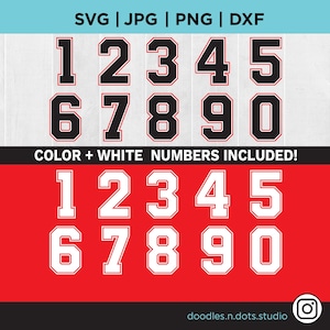 Números de equipo svg, Números de camiseta deportiva, Números de equipo para camisetas, Letras negras/rojas de 12 pulg. de alto para camisetas de equipo, Archivo recortado de números de camiseta deportiva