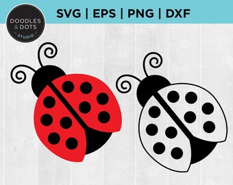 May include: Two ladybug illustrations, one red with black dots and one black with white dots. Both ladybugs have black outlines and curled antennae.