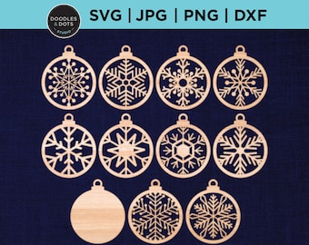 May include: Twelve wooden Christmas ornament cutouts, featuring snowflake designs and a plain circle. The ornaments are arranged in three rows of four, on a dark blue background. The text "SVG | JPG | PNG | DXF" is at the top of the image, and the text "doodles.n.dots.studio" is at the bottom.