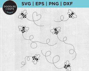May include: A set of six black and white bee illustrations with dotted lines trailing behind them. The bees are flying in different directions, some with hearts and swirls in their trails.