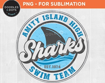 May include: A blue and gray circular logo with the text "Amity Island High Sharks Swim Team Est. 1974". The logo features a shark fin and waves.