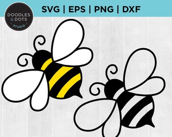 May include: Two cartoon bee illustrations. One bee is colored black and yellow with white wings, the other is black and white. The image includes the text "SVG | EPS | PNG | DXF" and the logo for Doodles & Dots Studio.