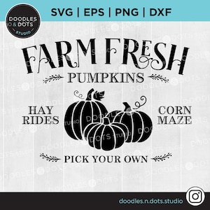 Peut inclure: Conception en silhouette noire et blanche d'une enseigne de ferme avec le texte "Farm Fresh Pumpkins" et les mots "Hay Rides", "Corn Maze", et "Pick Your Own".