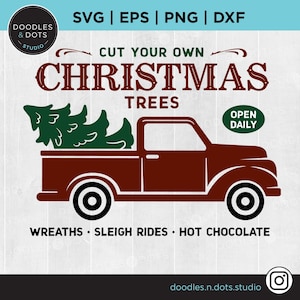 Roter Kleintransporter mit Weihnachtsbaum svg, Weihnachtsbaum Bauernhof, Schneiden Sie Ihr eigenes Weihnachtsbaumschild, Vintage Weihnachtstruck, Weihnachtsbaum svg