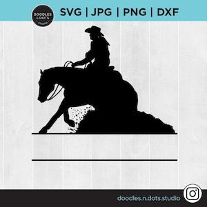 Reining Horse Split Monogram SVG, Sliding Stop SVG, aanpasbare Reining Cowgirl SVG, Western Horse-monogram, download en voeg je tekst toe