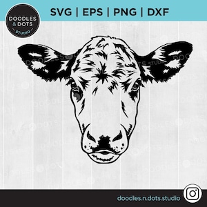 May include: Black and white silhouette of a cow's head with a detailed face and ears.