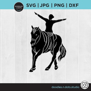 Op de afbeelding: Zwarte silhouet van een persoon die een paard in dressuurhouding berijdt. De persoon heeft zijn armen uitgestrekt en het paard is in voorwaartse beweging.