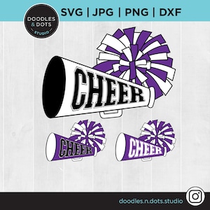 Cheer svg, Pom Pom and Cheer Megaphone svg, Sports Clipart, Cheerleader svg cut file, Purple Pom Poms and Megaphone, 3 different Options png