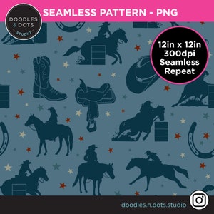 Nahtloses Barrel Racing Muster, Pferde-Wiederholungsmuster, 30 x 30 cm 300 dpi digitales Rodeo-Muster, Pferdesport-Muster, Barrel Racer png