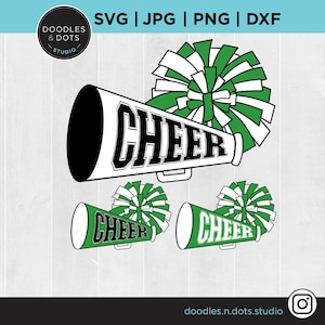 Cheer svg, Pom Pom and Cheer Megaphone svg, Sports Clipart, Cheerleader svg cut file, Green Pom Poms and Megaphone - Different Color Options