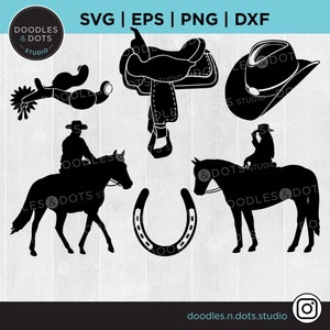 May include: A set of black silhouette cutouts of western riding equipment, including a saddle, a horseshoe, a cowboy hat, a spur, and two cowboys riding horses.