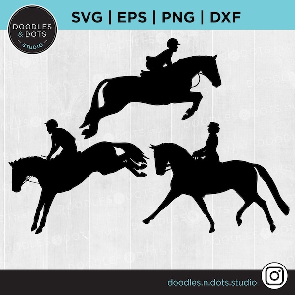 3 Day Eventing svg, Paquete de eventos combinados svg para Cricut, Silueta de caballo y jinete, Doma, Cross Country, Salto, Éventer svg