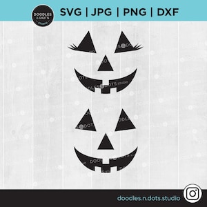 May include: Black and white digital art featuring two jack-o'-lantern faces with triangular eyes and noses, and smiling mouths. The top pumpkin has eyelashes. Text at the top reads "SVG | JPG | PNG | DXF". The logo for Doodles & Dots Studio is in the top left.