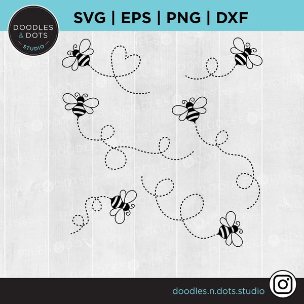 Bee path bundle SVG PNG Files for cutting machines, Busy Bee digital clipart, honeybee, bumble bee, heart, dotted lines, Bee Path svg png